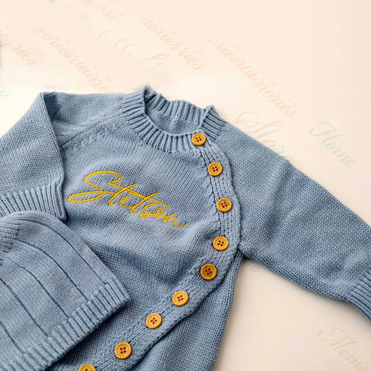 Embroidered Personsalised Baby Romper and Beanie Set